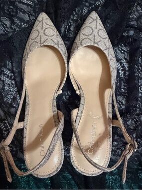 Calvin Klein Beige Monogram Pointed Toe Slingbacks